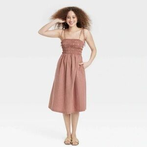 Midi Smocked Dress in Brown stripes